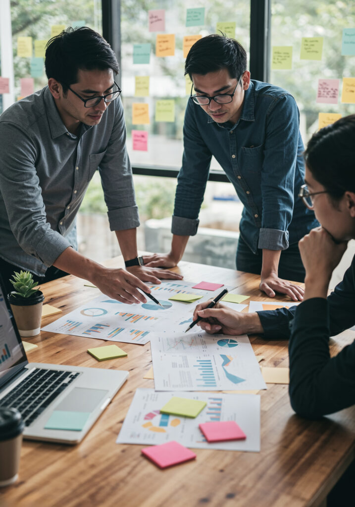 Marketing team conducting strategic planning with market analysis, keyword research, and competitive PPC insights